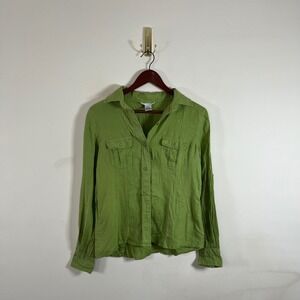 Jillian Jones Linen Utility Button Down Shirt Lime Green Womens Medium